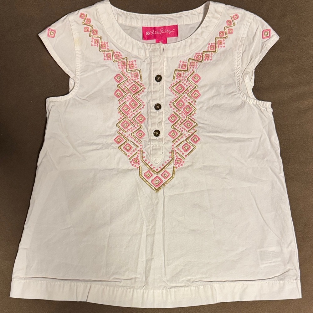 Lilly Pulitzer White Blouse with Pink Embroidery